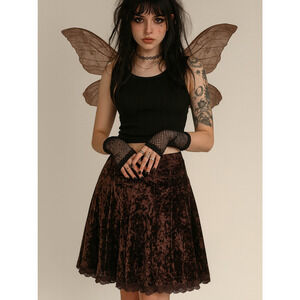 Y2K Whimsigoth Fairy Grunge Skirt Womens 8 Brown Crushed Velvet Lace Trim Y2K